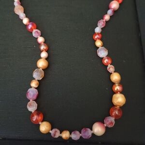 Vintage  Beaded Necklace in Red, Pink, and Gold AB Glass Beads 24"